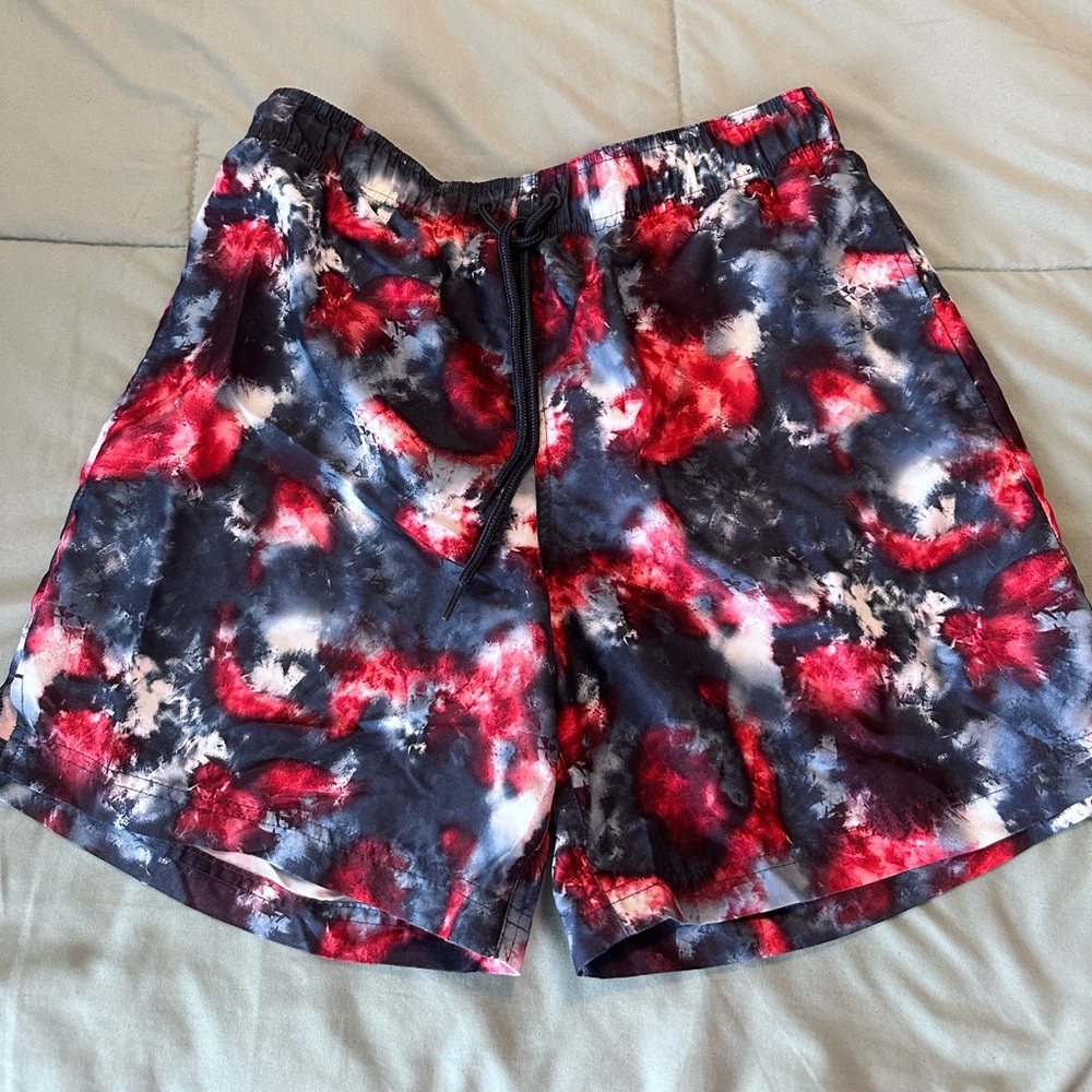 Men’s tie dye American red, white and blue swim trunks